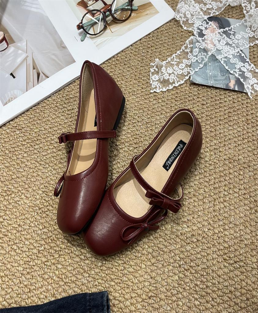 Leather Version~ Leather French Retro Flat-bottomed Bow Light-mouth Single Shoes Women's New Silver Mary Jane Evening Shoes