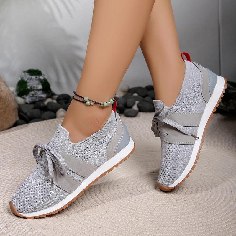 Hot Seller Breathable Mesh Women's Flat Sneakers Lace Up Shallow Soft Bottom Loafers Autumn Comfortable Low Platform Mujer Shoes
