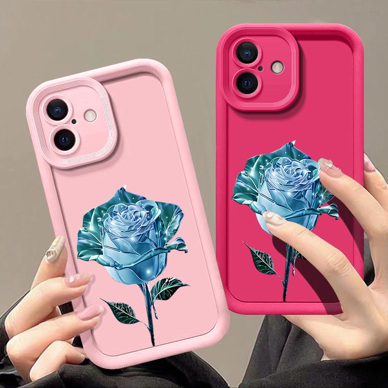 Синий кристальный розовый цветочный принт матовый мягкий чехол для iPhone 16 Pro Max 15 14 Pro 13 12 11 XS XR 8 7 защита линзы противоударный чехол для телефона TPU