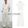 Spring and Summer Crepe Comfortable Short Sleeve Lapel Shirts 2273957 High Waist Wide Leg Casual Trousers 2116957