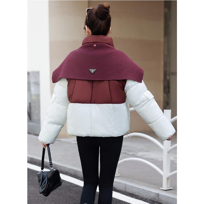 Korean Style Loose Fit Knit Poncho Collar Down Jacket with Color Block for Autumn Winter Women