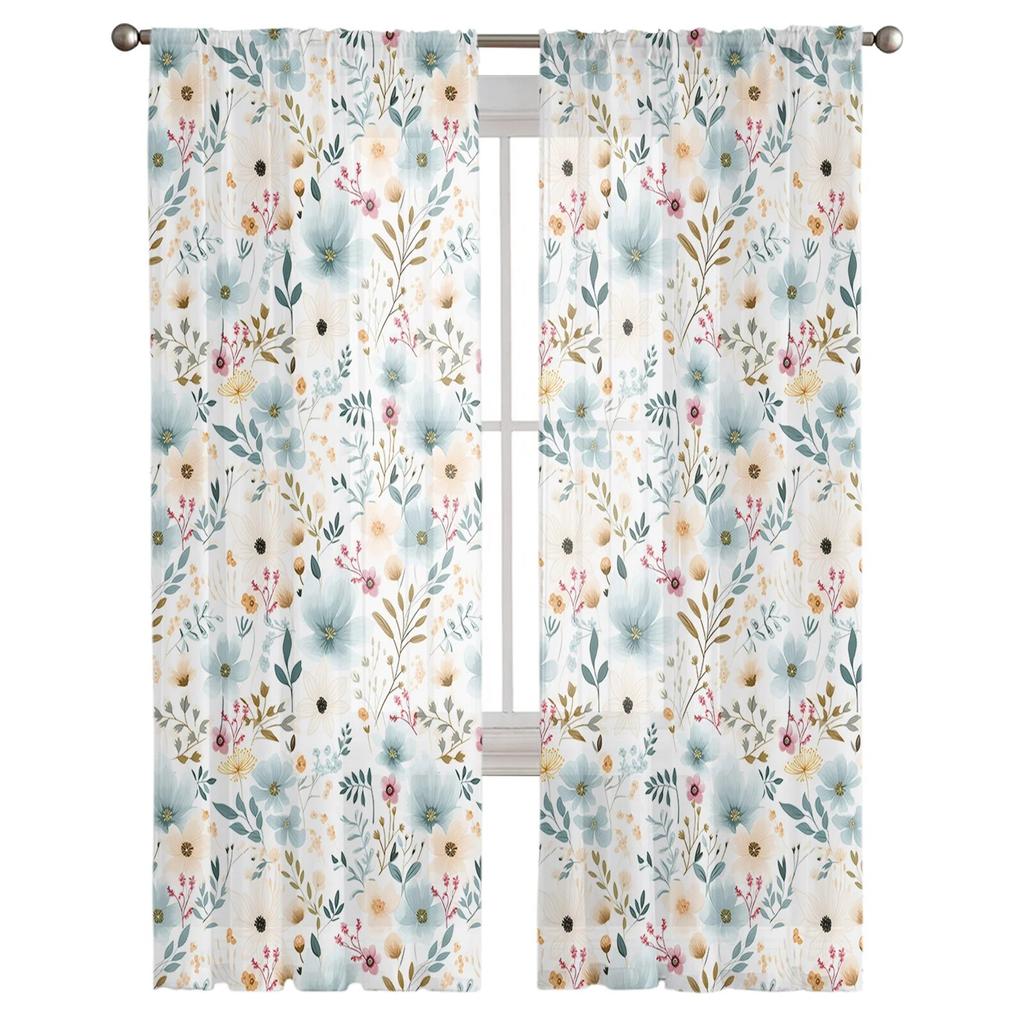 Тюлевые шторы на окно с цветами и растениями для гостиной, кухни, рождественский домашний декор, прозрачные шторы из вуали