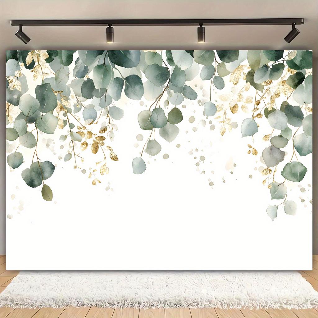 2D plane eucalyptus leaf background fabric featuring green and golden plant leaves suitable for all seasons polyester fiber