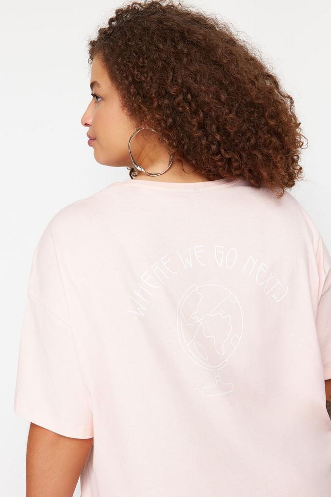 Женский стиль, большие размеры, светло-розовая трикотажная футболка из 100% хлопка с принтом на спине, свободного покроя, с круглым вырезом