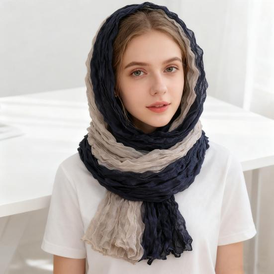 Ladies Shawl Scarf Color-Blocking Pleated Design Versatile Scarf Autumn Winter Outdoors Commuting Long Scarf