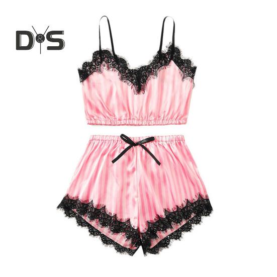 Женский пижамный комплект из 2 предметов, кружевная отделка, V-образный вырез, укороченный топ на бретельках, эластичный пояс, шорты, повседневный комплект без рукавов, домашний комплект