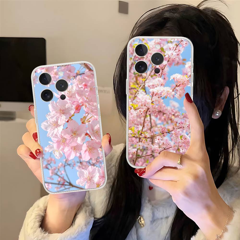 Розовый чехол для телефона с сакурой для iPhone 17 16 15 14 Plus 13 12 11 Pro Max, задняя крышка телефона, прозрачный противоударный чехол