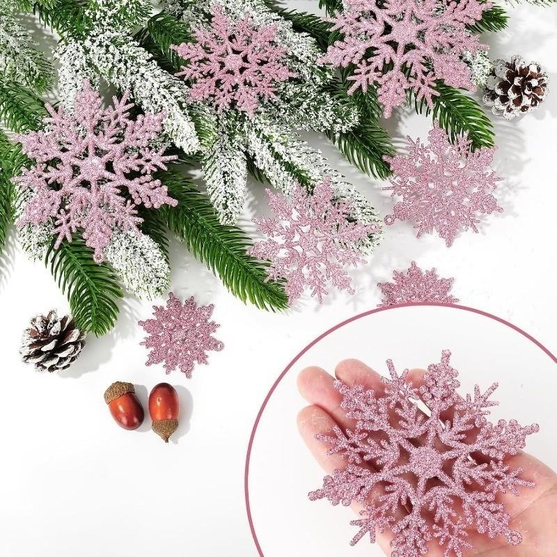 12Pcs/set Pink Glitter Snowflake Ornaments Christmas Decoration Hanging Xmas Tree Pendant for Home Decor Winter Party Supplies