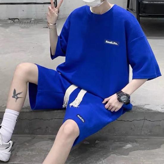 Мужской комплект из 2 предметов, повседневный спортивный костюм, шорты, летний свободный спортивный костюм с коротким рукавом, спортивный комплект, домашняя одежда с вафельной текстурой, подходящий костюм