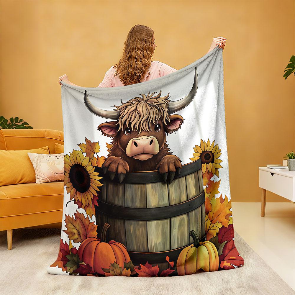 1pc wooden bucket highland cow sunflower maple leaf pumpkin blanket flannel blanket sofa nap time leisure blanket