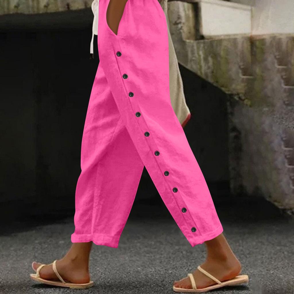 Women Casual Stripe Print Side Button Up Trendy Pants Baggy Elastic Waist Straight Leg Comfort Trousers With Pocket