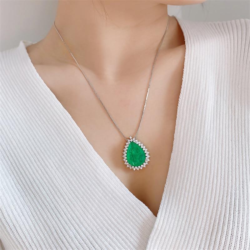 Ladies 925 Sterling Silver Chain Necklace Paraiba Emerald Tourmaline Gemstone Pendant Necklace Water Drop Fine Jewelry