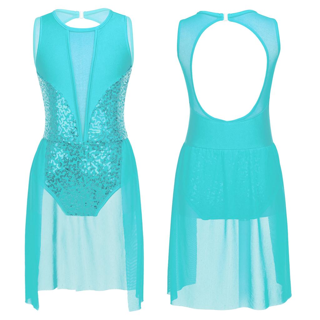 Girls Sleeveless Sequins Lyrical Dance Dress Modern Contemporary Costumes Gymnastics Hollow Back Leotard Dancewear