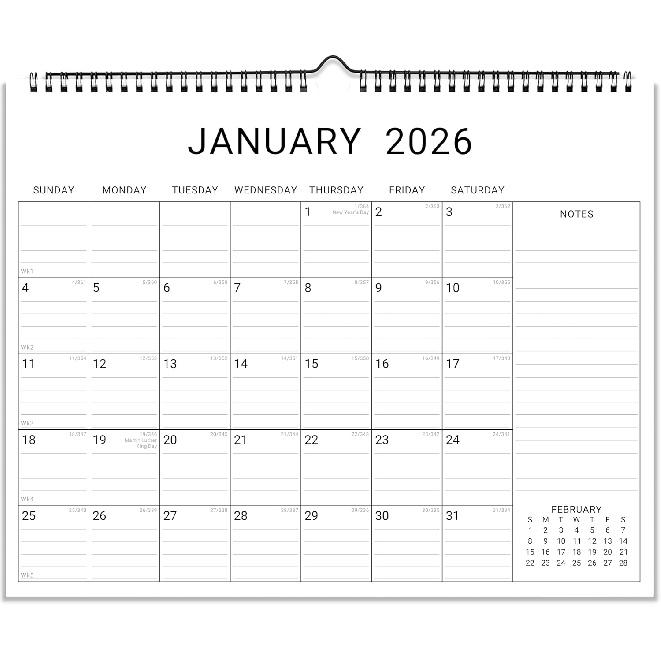 2026 Wall Calendar, 12 Month 11”x8.5 ‘’ Year Monthly Organizer from January 2026-2027 Small Mini Horizontal Blank Spiral Bound Wire Hanging