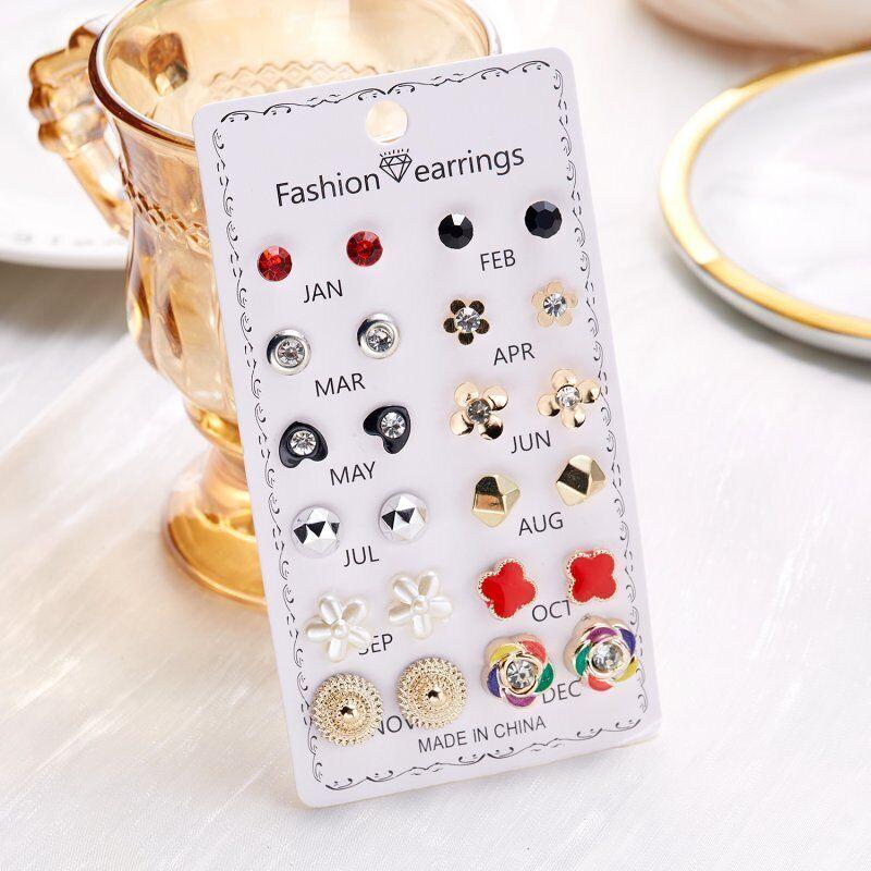 12 Pairs Earrings Set Stud Crystal Pearl Butterfly Flower Heart Women Jewelry