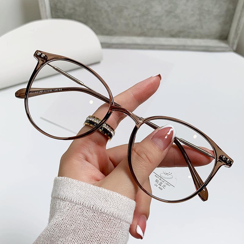 Tr90 Retro Literary And Artistic Cold Tea Ultra-Light Glasses Frame Plain Face And Thin Matching Degree Anti-Blue Flat Mirror Brown Frame