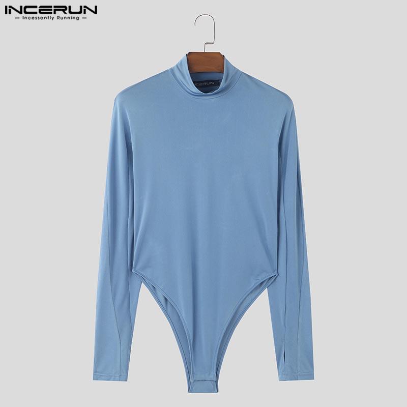 INCERUN Men Mockneck Long Sleeve Fitted Jumpsuits Solid Romper Bodysuits
