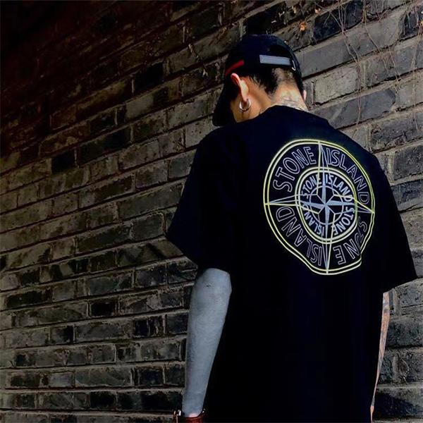 Men and Women Island Black Stone Graphic Short-sleeved T-shirt Cotton Summer Round Neck Clothing