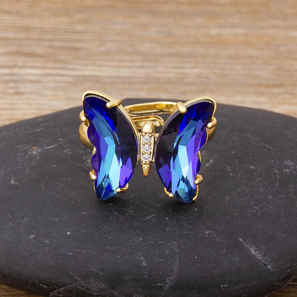 Nidin New Fashion Design Gorgeous Butterfly Ring Sweet 10 Colors Transparent Crystal Adjustable Rings for Women Party Jewelry