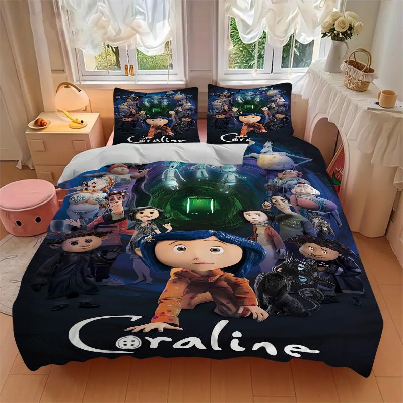 3Pcs Coraline'S Magical Adventure Bedding Set Soft Fabric Duvet Cover Pillowcases Christmas Xmas Halloween Gift 1 Duvet Cover 2 Pillowcase L1329