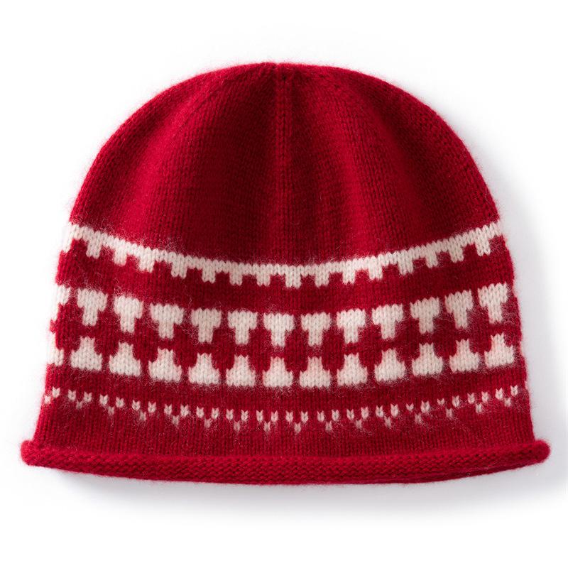 Vintage Fair Island Jacquard Knitted Cold Hat Women's Autumn and Winter Big Head Circumference Curled Wool Hat Warm Face Small Hat