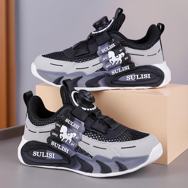 Rotating Button Boys Shoes Summer 2025 New Breathable Single Mesh Shoes Children's Sports Shoes Mesh Running Shoes