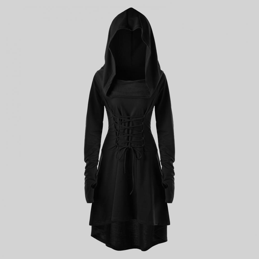 Women Cosplay Dress Gothic Solid Color Lace-up Strap Slim Waist Irregular Hem Hooded Long Sleeves Theme Parties Role-Playing St Practical Use