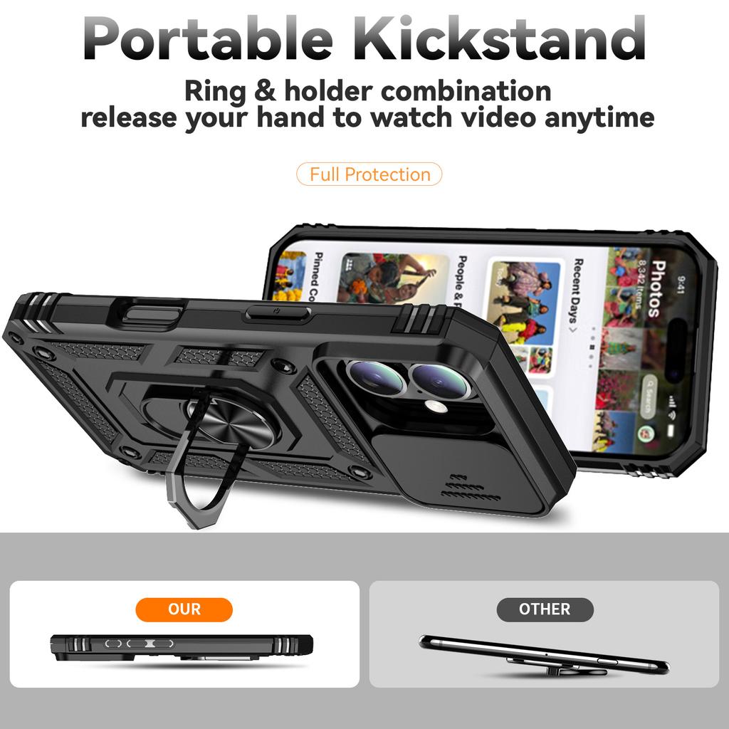 For iPhone 16 Case Ring Holder Kickstand Camshield PC+TPU Phone Cover