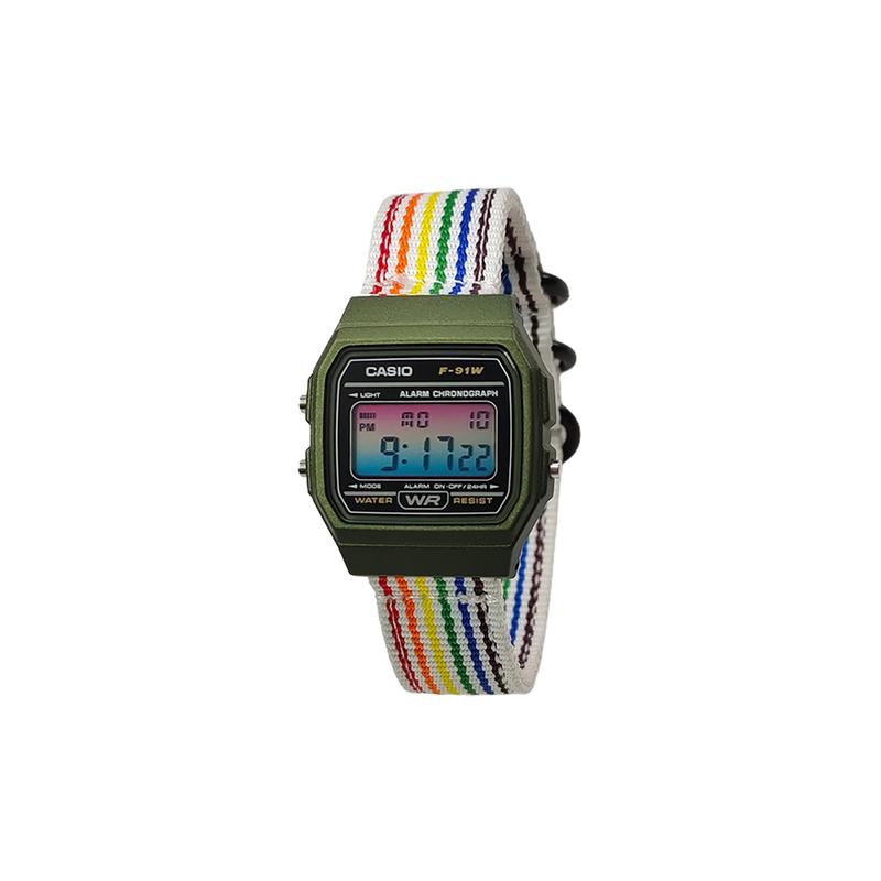Casio Кастомизированные часы модифицированная серия F-91WM-3A-Celestine Surge Кварцевые нейлоновый ремешок мужские F-91WM-3A--Celestine-BaiCaiSeBiaoDaiFenLanJianBianBiaoJing
