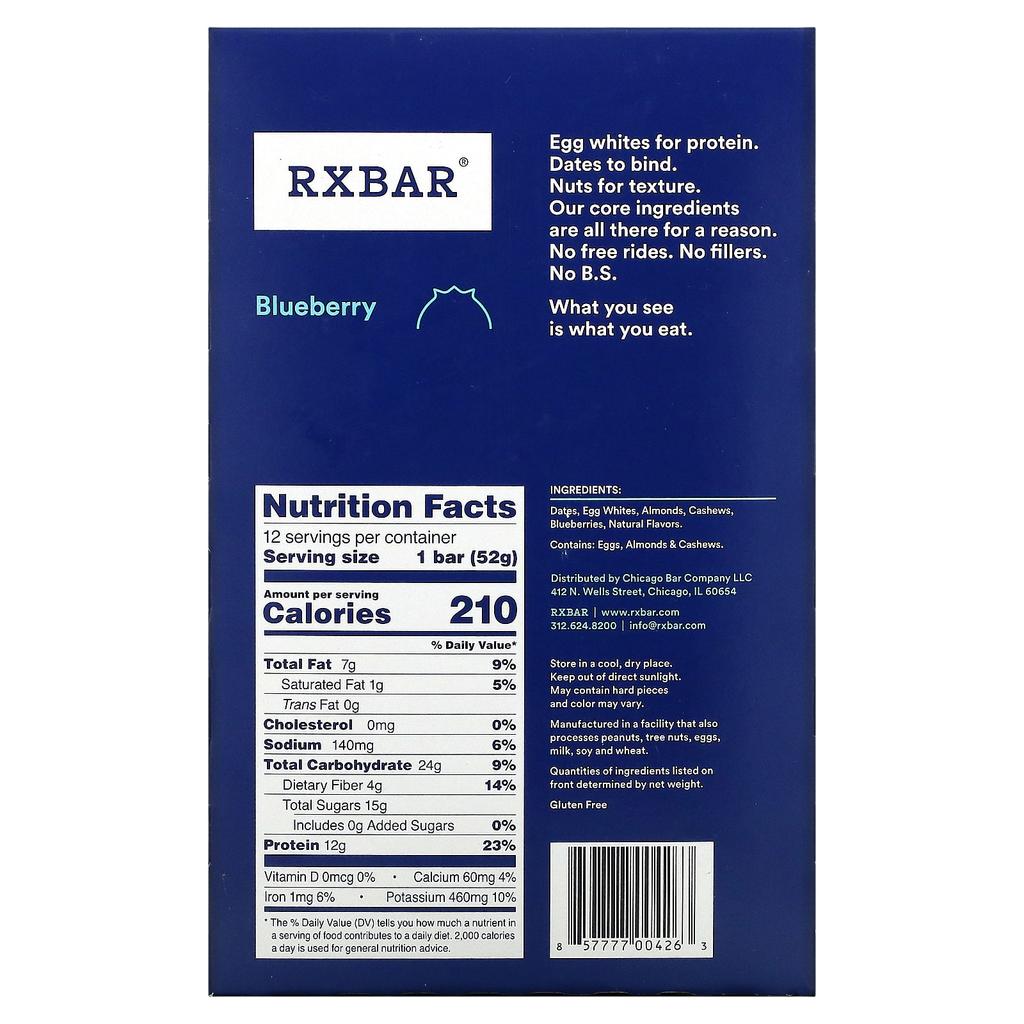 RXBAR Protein Bar, Blueberry, 12 Bars, 52g (1.83oz) Each