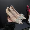 Mesh Heels Women's Stiletto Heels Sexy Rhinestone Bow White Wedding Shoes Champagne Dress Banquet Women's Single Shoes