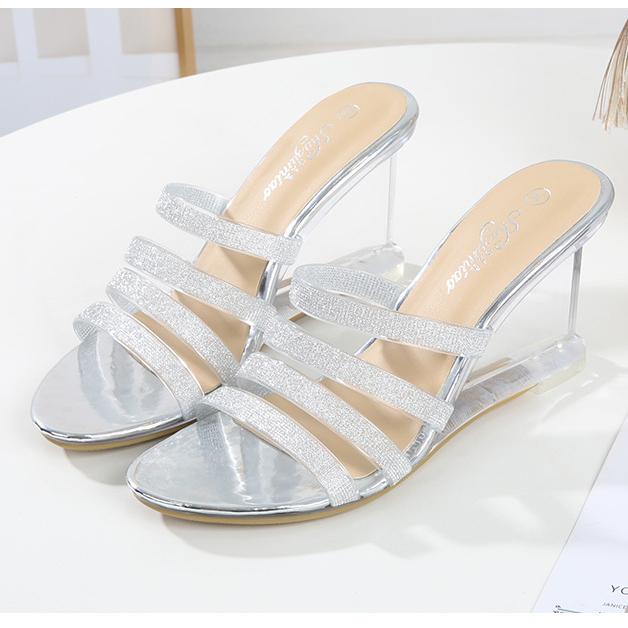 Женская летняя универсальная женская обувь на высоком каблуке со стразами, простые босоножки на наклонном каблуке, прозрачный каблук LFD