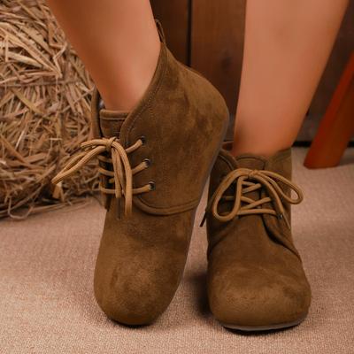 Осенние Новые Ботинки на Плоской Подошве из Хлопка Женская Мода Круглый Носок Замшевый Верх Шнуровка Шерстяные Теплые Нескользящие Износостойкие Ботильоны