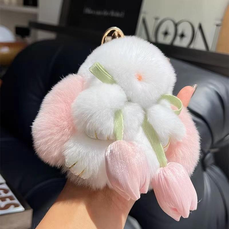Cute Handmade Soft Lightweight Bow Bunny Car Key Chain Bag Charm 10cm Plush Tulip Rex Rabbit Doll Keychain Pendant for Kids Gift