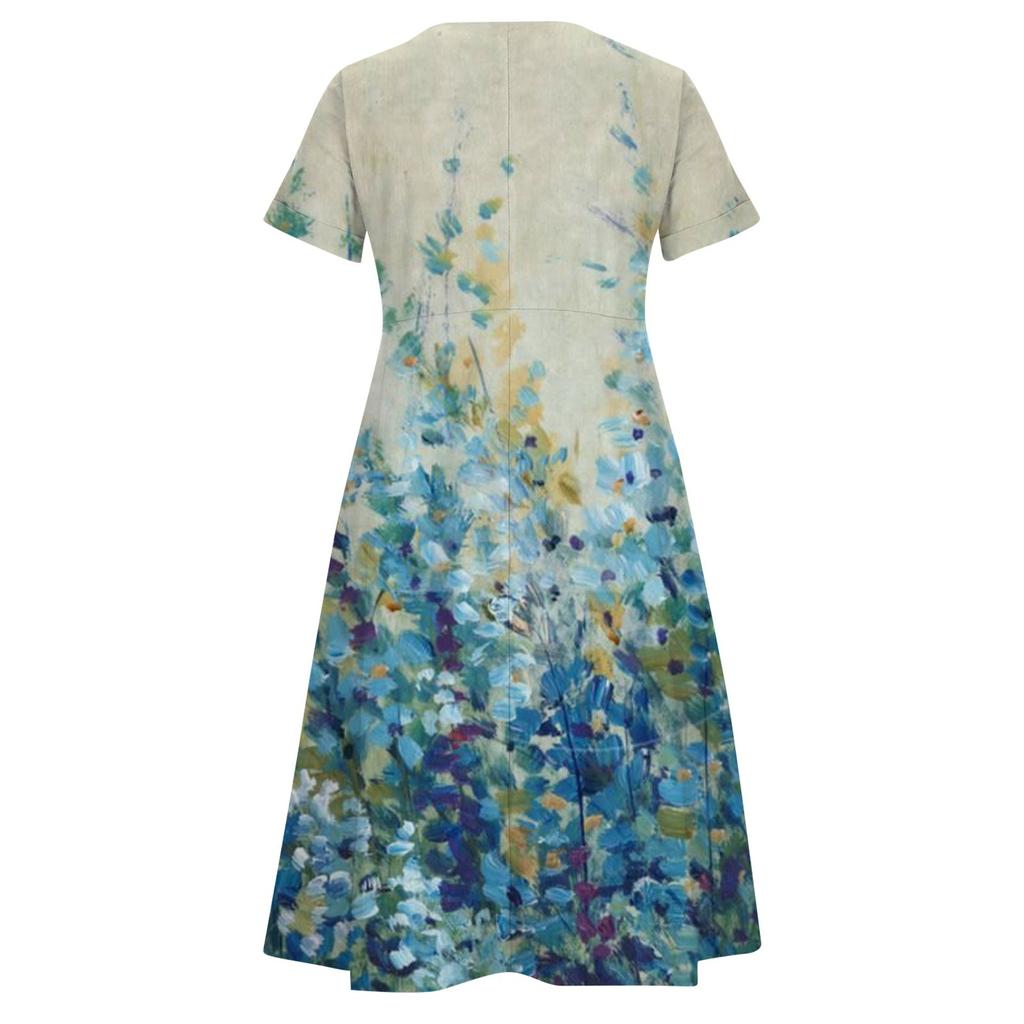 Women's Summer Casual Floral Print Button V Neck Short Sleeve Cotton Linen Dress