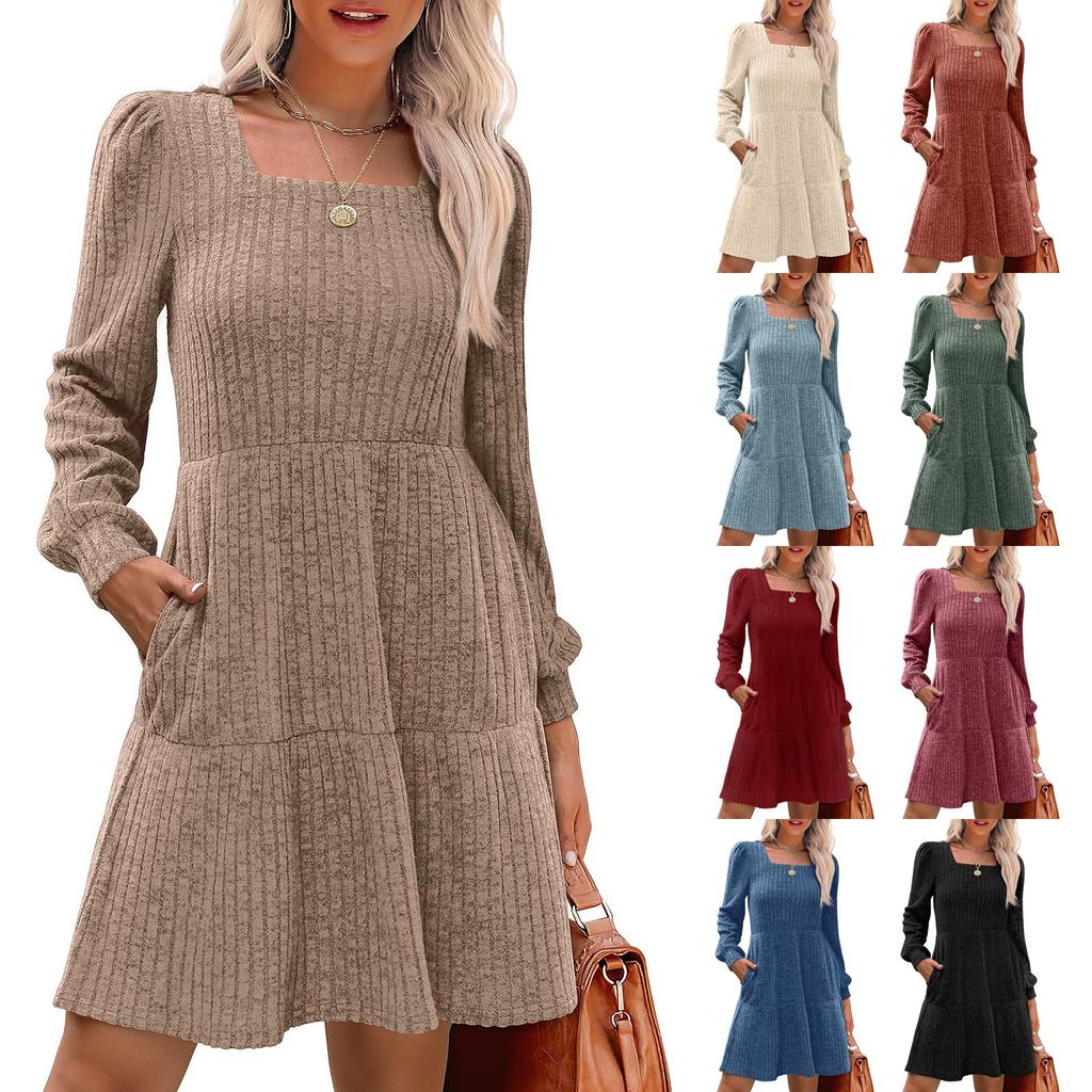 Женское платье с квадратным вырезом и длинным рукавом, повседневное трикотажное платье с карманами