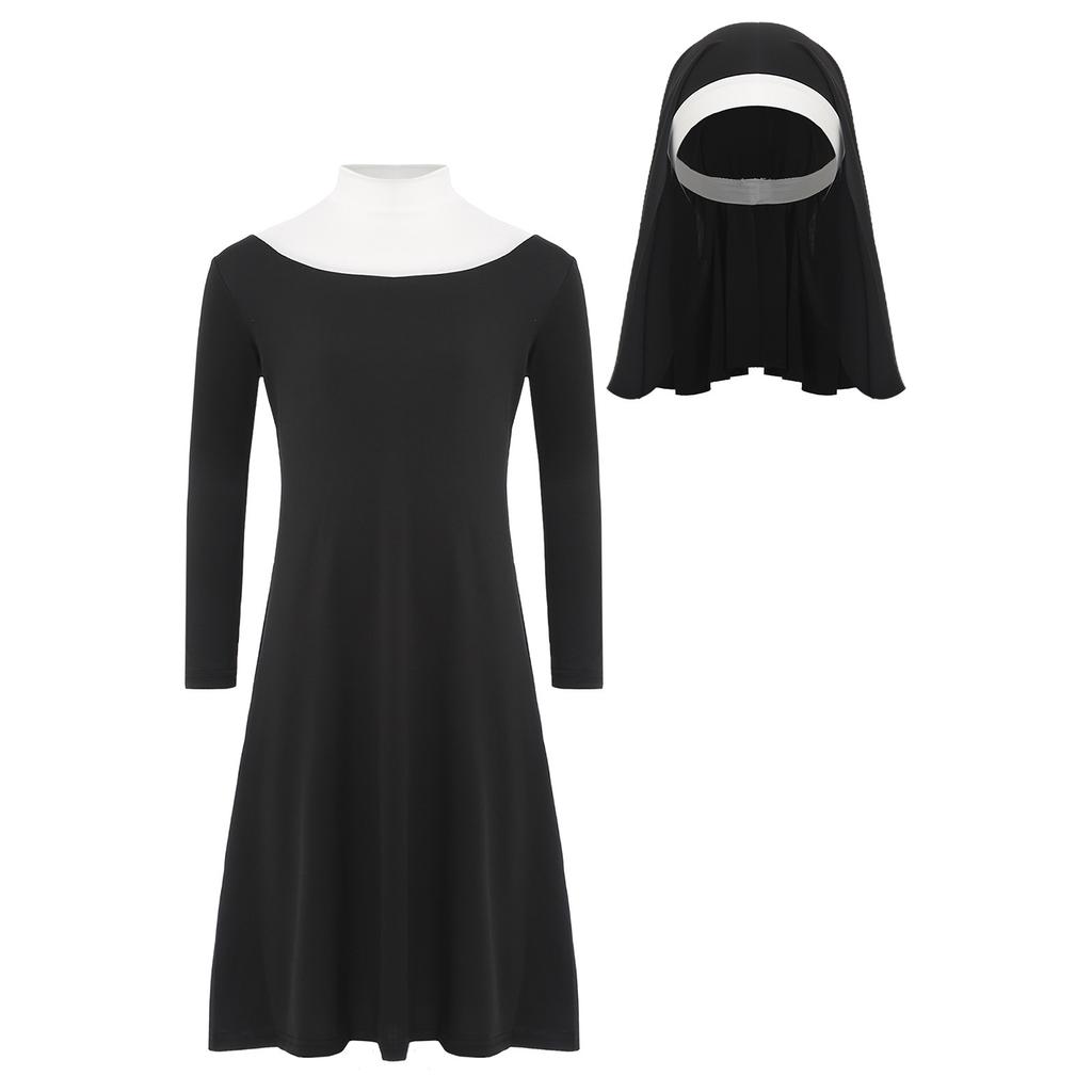 Girls Nun Halloween Costume Long Sleeve Contrast Color Stretch Dress Matching Nun Hat Accessory Set