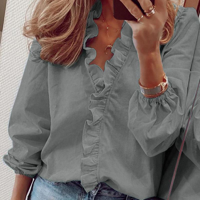 Весна и лето Новая женская рубашка с длинными рукавами и оборками