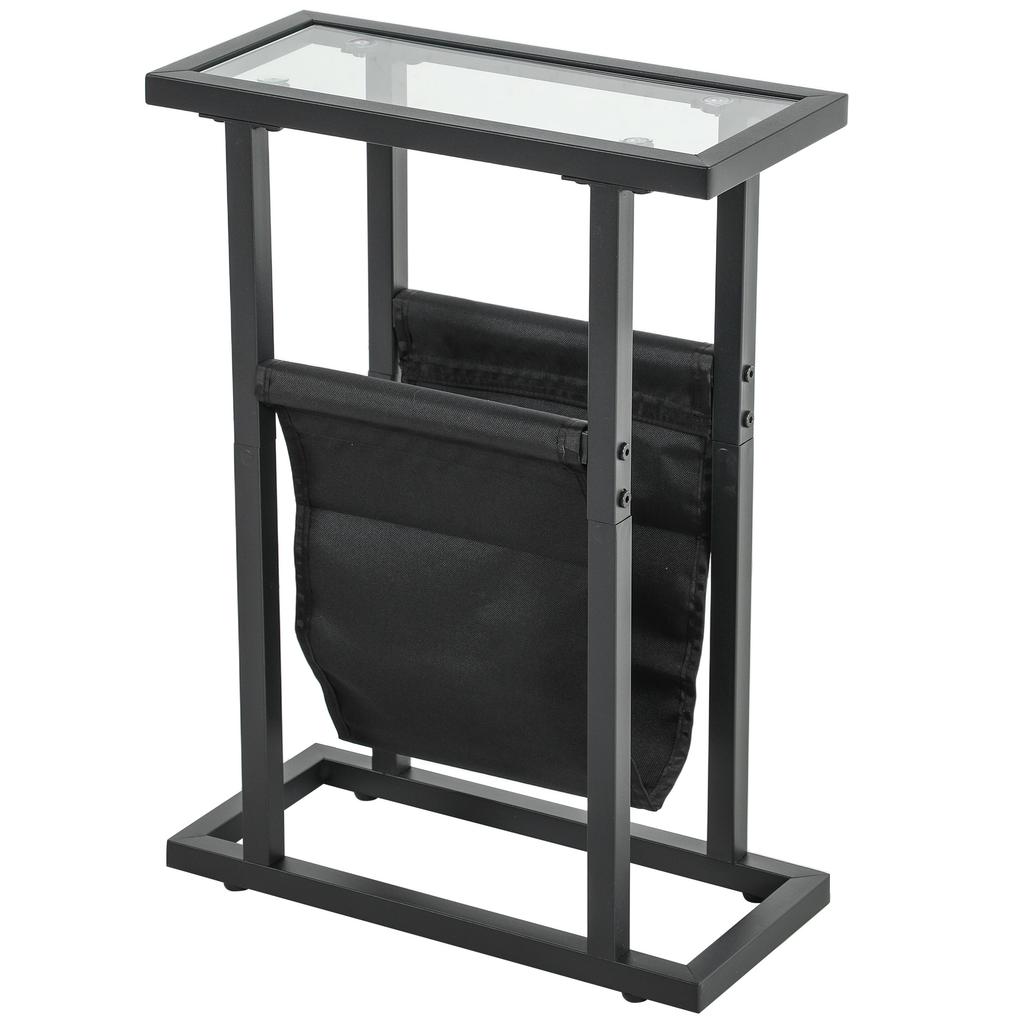 Metal Side Table With Fabric Pocket And Glass Top Narrow Table For Living Room Bedroom Black