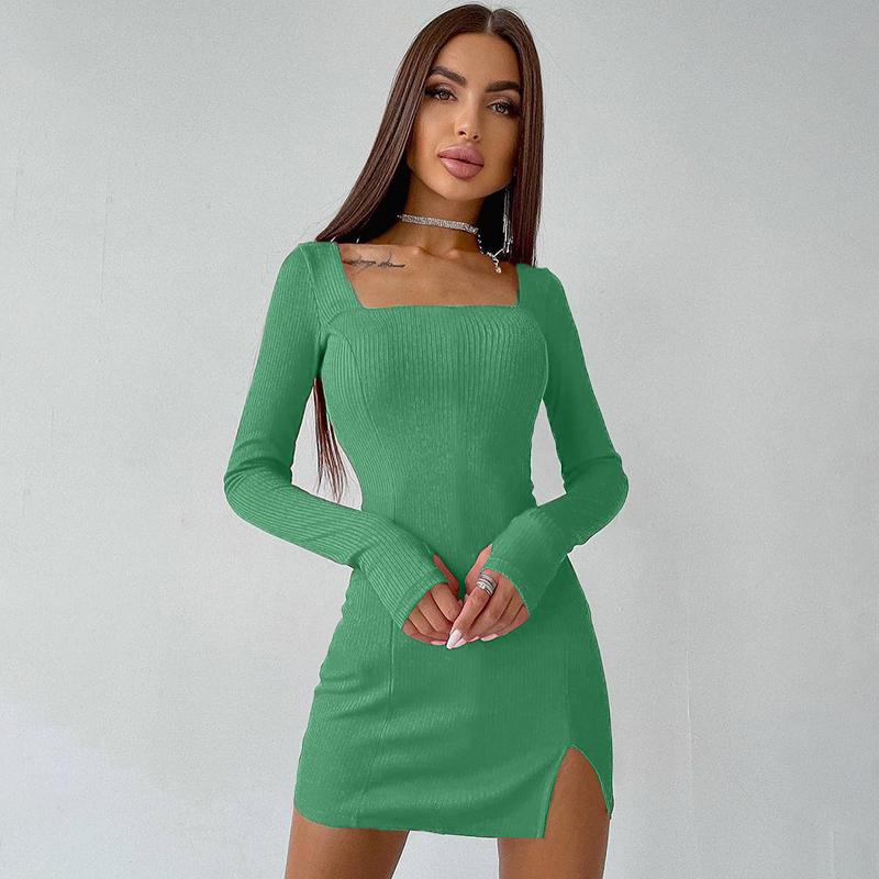 Ribbed Women Solid Long Sleeve Slit Mini Dress Square Collar Bodycon Sexy Streetwear Party Club Autumn Winter
