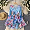 French Sweet Floral Short Dresses for Women Summer Flare Sleeve Slim A-Line Date Dress Female Beach Holiday Gown