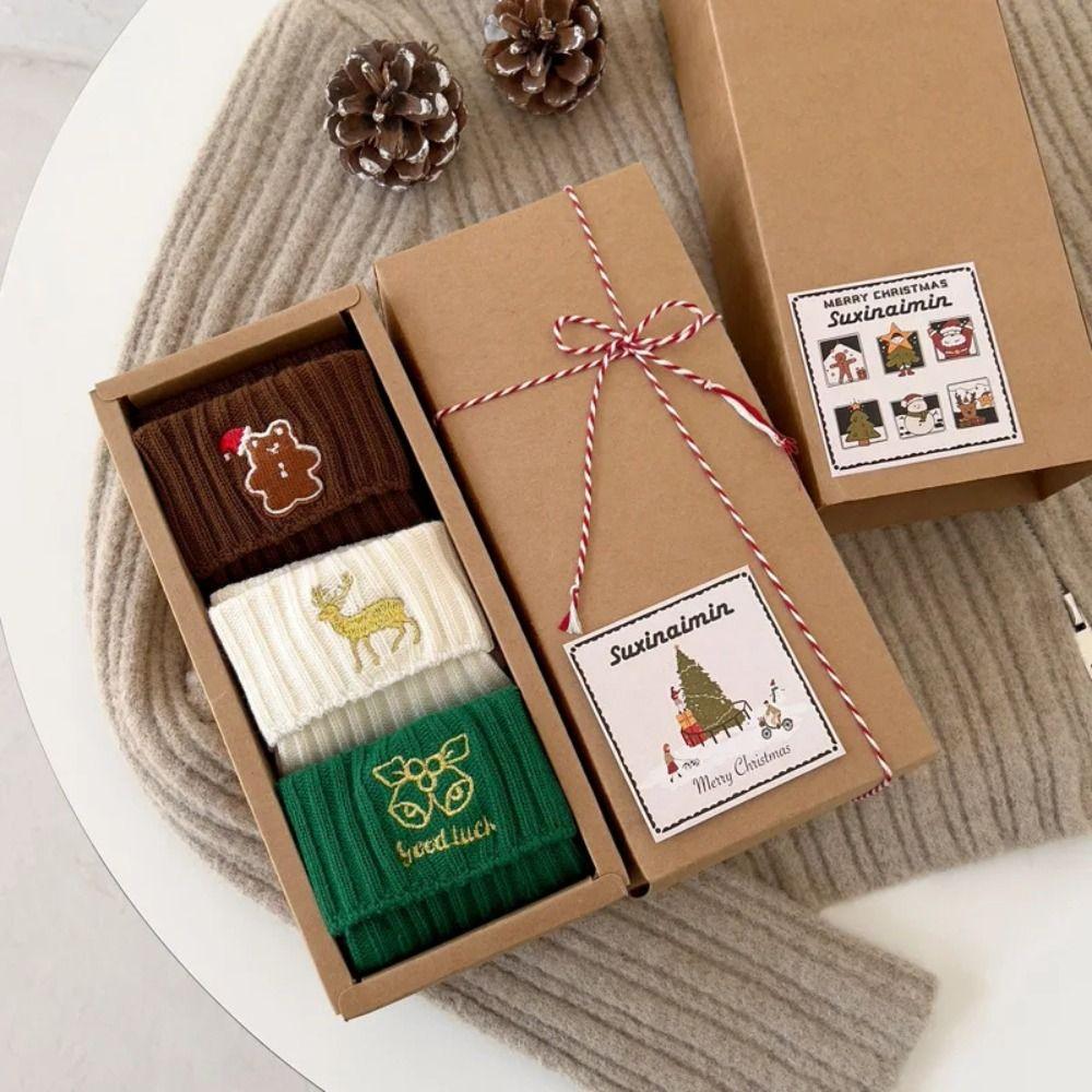 Cartoon Christmas Socks Embroidery Knitted Socks Cute Mid Tube Socks