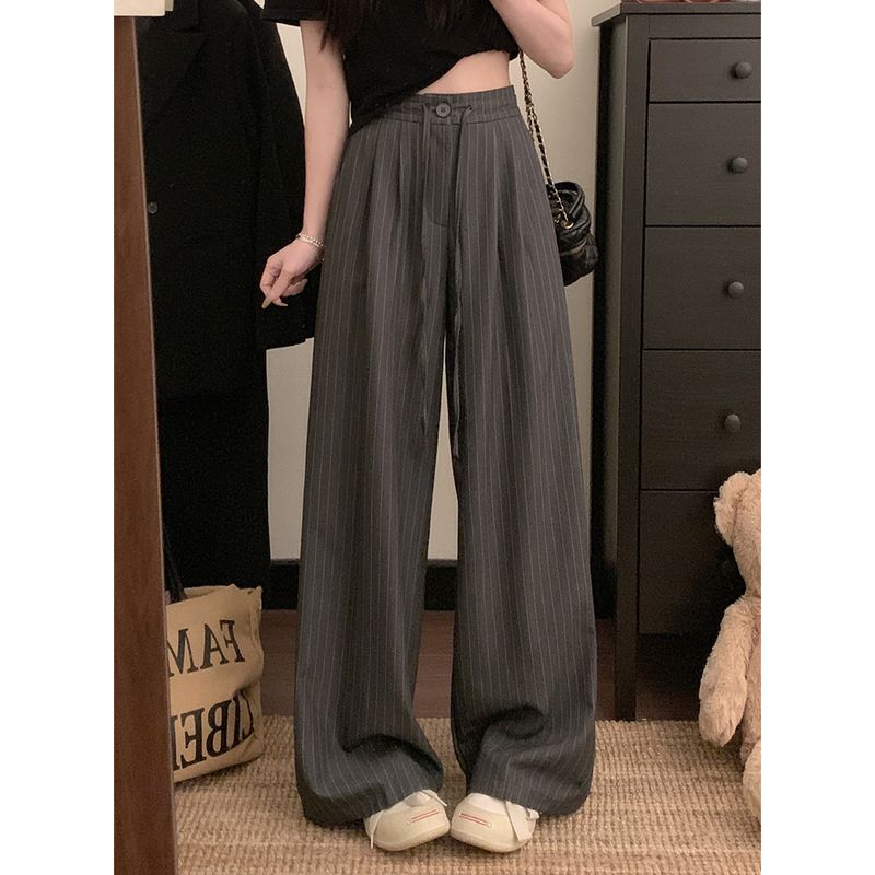Kumikumi Stylish Drawstring Suit Pants Casual Pants Women Fall Striped Wide-Leg Pants Draping Mopping Pants Pants