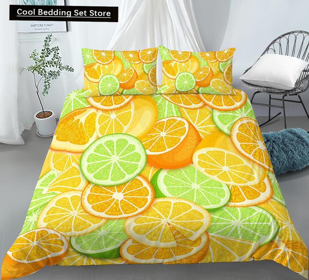 Постельный комплект с принтом лимонов Желто-зеленый Фруктовая тематика Розовый Пододеяльник Размер Кинг/Евро Милый Мультяшный 2/3 шт. Полиэстеровый Чехол для одеяла