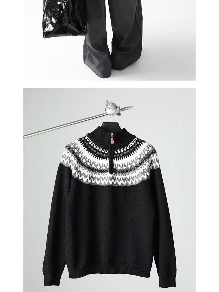 Мужской ретро вязаный свитер с жаккардовым узором и молнией на половину - Осенне-зимний стиль