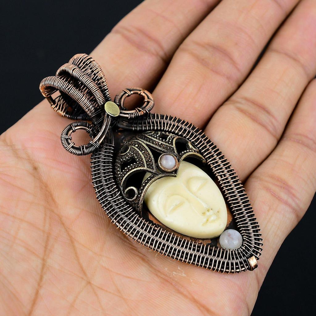 Резная кость лицо драгоценный камень чистая медная проволока обернутая дизайнерская подвеска ручной работы ювелирный подарок