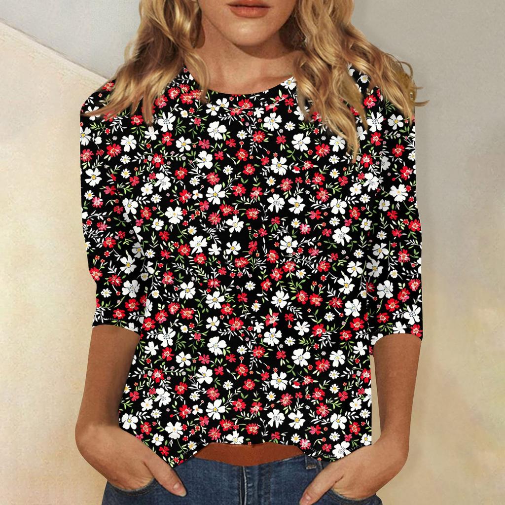 Women's Fashion Casual Three-quarter Sleeve Vintage Floral Print Round Neck Top