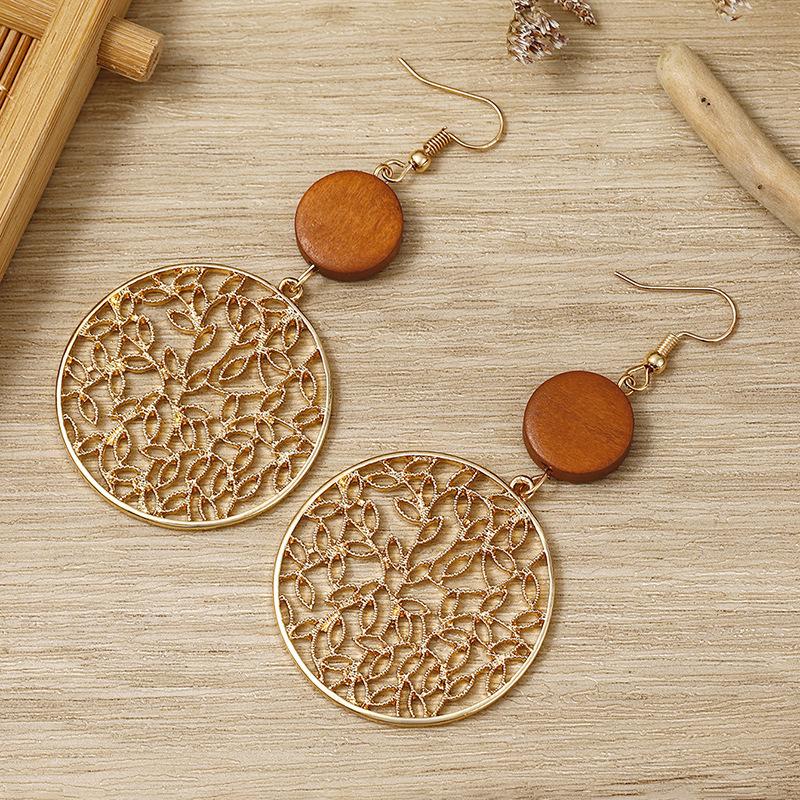 Hollow Earrings Women's Exaggerated Retro Style Wood Alloy Engraved Long Face Thin Stud Earrings