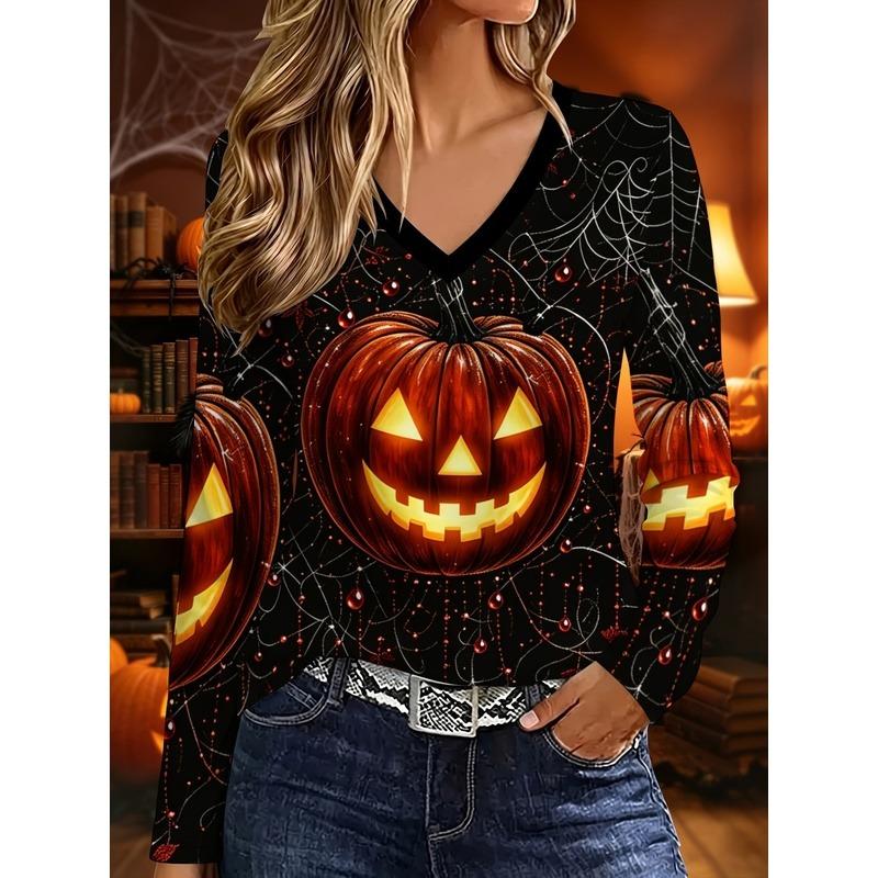 Halloween Women'S Printed V-Neck Long Sleeve T-Shirt