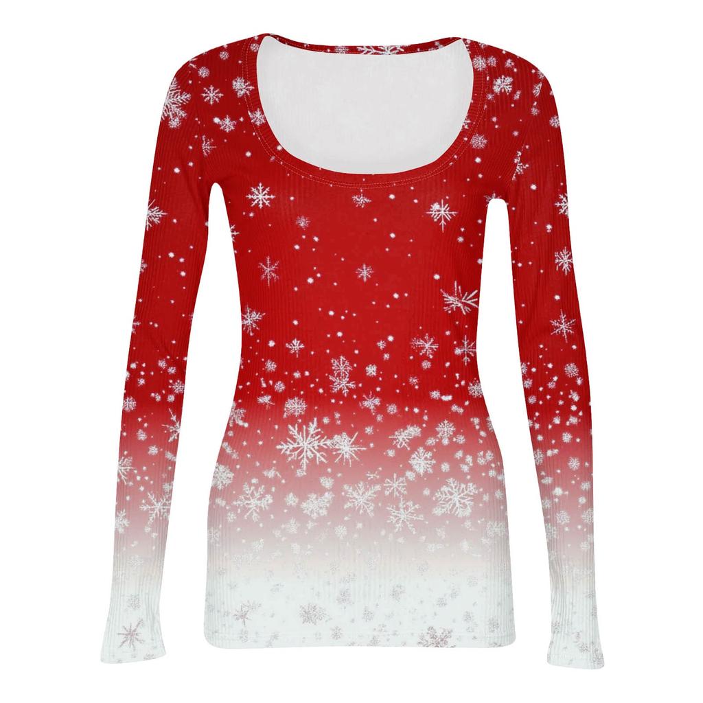 Женская мода Slim Bottom Casual с длинным рукавом и рождественским принтом пуловер с U-образным вырезом